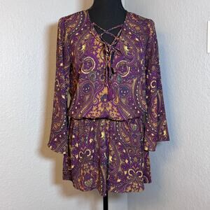 Show me your MuMu Romper Tillie Tie Paisley Bell Sleeve Romper Sz Small